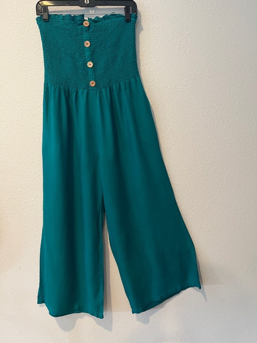 Boho Teal Strapless Button-Front Stretchy-bodice, wide leg jump suit, 
Sz M